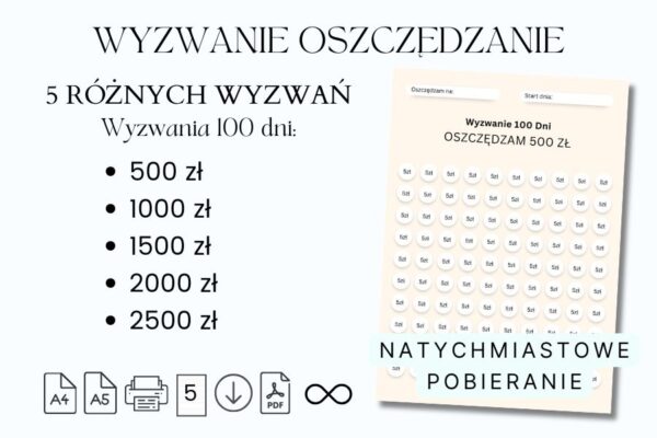Wyzwanie Oszczędzanie Do Druku - 5 Wyzwań - 100 Dni Każde. do druku wyzwanie oszczędzanie pdf, wyzwanie oszczędzanie pinterest, wyzwanie oszczędzanie 52 tygodnie, wyzwanie oszczędzanie grosz do grosza,