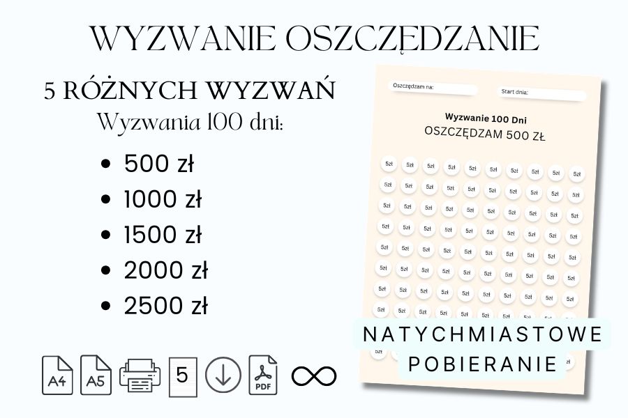 Wyzwanie Oszczędzanie Do Druku - 5 Wyzwań - 100 Dni Każde. do druku wyzwanie oszczędzanie pdf, wyzwanie oszczędzanie pinterest, wyzwanie oszczędzanie 52 tygodnie, wyzwanie oszczędzanie grosz do grosza,