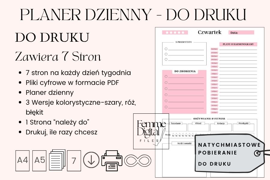 Planer dzienny 7 stron do druku, planer nawyków, planer dzienny, planer dnia, planer fitness, planer posiłków, planer cyfrowy niedatowany, planer dziennik, planer dla kobiet,