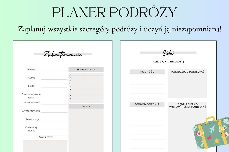 planer podróży pdf, planer wakacyjny do druku, planer wycieczek, bucket list po polsku
