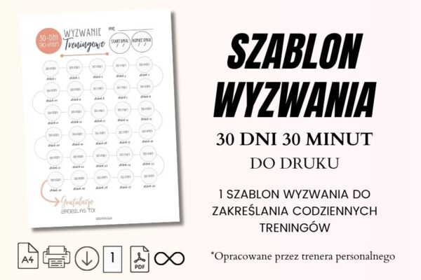 szablon Wyzwania 30 dni do druku. Wyzwanie treningowe fitness dla początkujących kobiet w domu 30 dni 30 minut