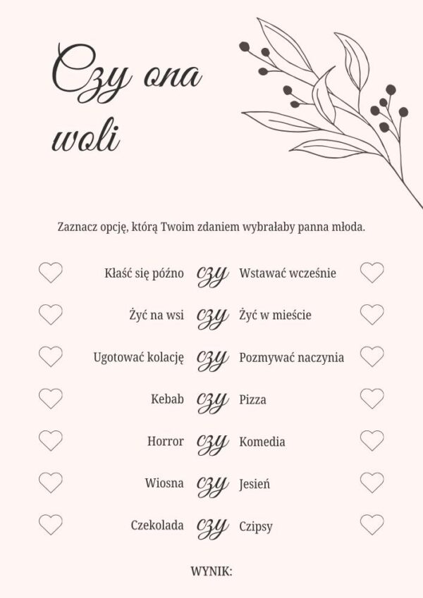 Czy ona woli 1 gry weselne do druku a4 róż pdf, zabawy i gry weselne, gry weselne pomysły, gry na wesele, gry weselne dla gości, weselne gry i zabawy, gry i zabawy na weselu