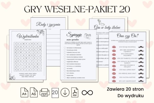 Gry Weselne PAKIET Do Druku 20 Gier A4 PDF GRY ŚLUBNE, gry na weselu, gry ślubne, gry weselne, gry weselne dla gości, gry weselne do druku, gry weselne pakiet, śmieszne gry na wesele, zabawa weselna,
