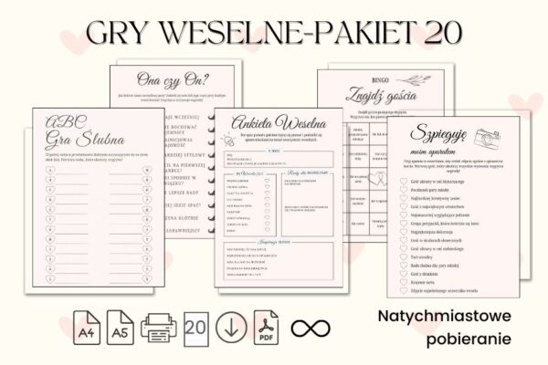 Gry Weselne PAKIET Do Druku 20 Gier A4 PDF GRY ŚLUBNE, gry weselne pakiet, śmieszne gry na wesele, zabawa weselna, zabawy na wesele, zabawy na wesele śmieszne,