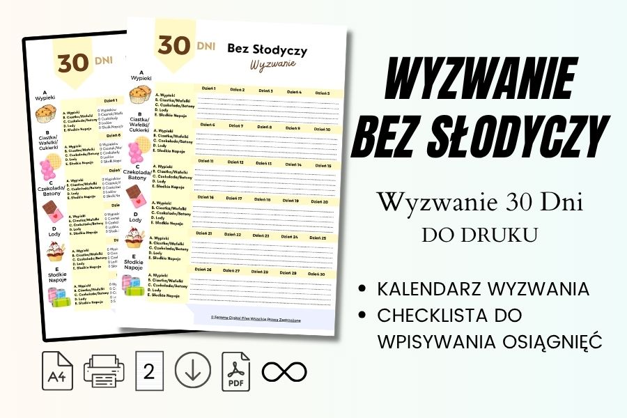Wyzwanie Bez Słodyczy 30 Dni do druku WYDRUKU uzależnienie od cukru, wyzwanie słodycze,wyzwanie miesiac bez slodyczy, wyzwanie 30 dni bez słodyczy, wyzwanie nie jem słodyczy,