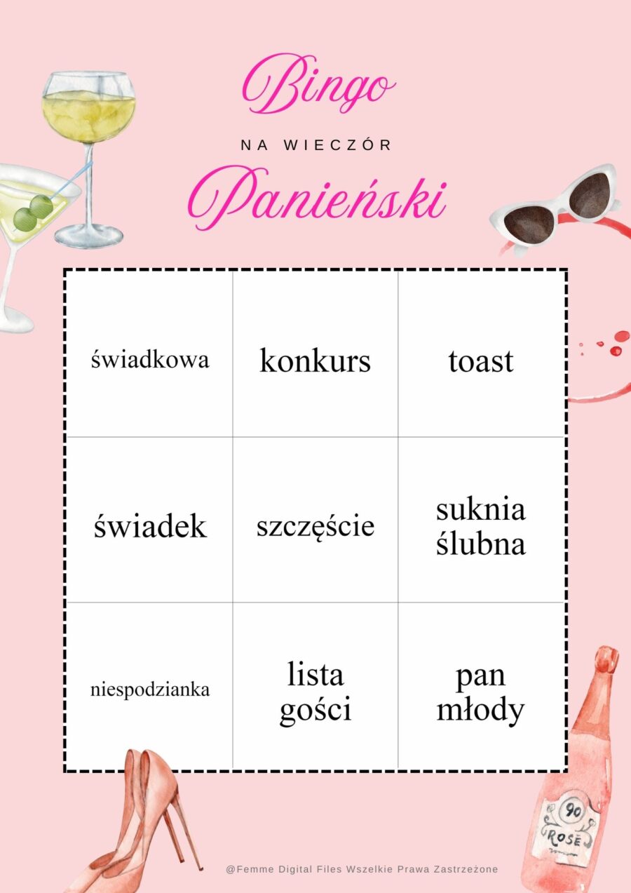 Róż bingo wieczór panieński 20 kart, gry i zabawy na wieczór panieński, gry i zabawy na wieczór panieński pdf, gry i zabawy na wieczor panienski,