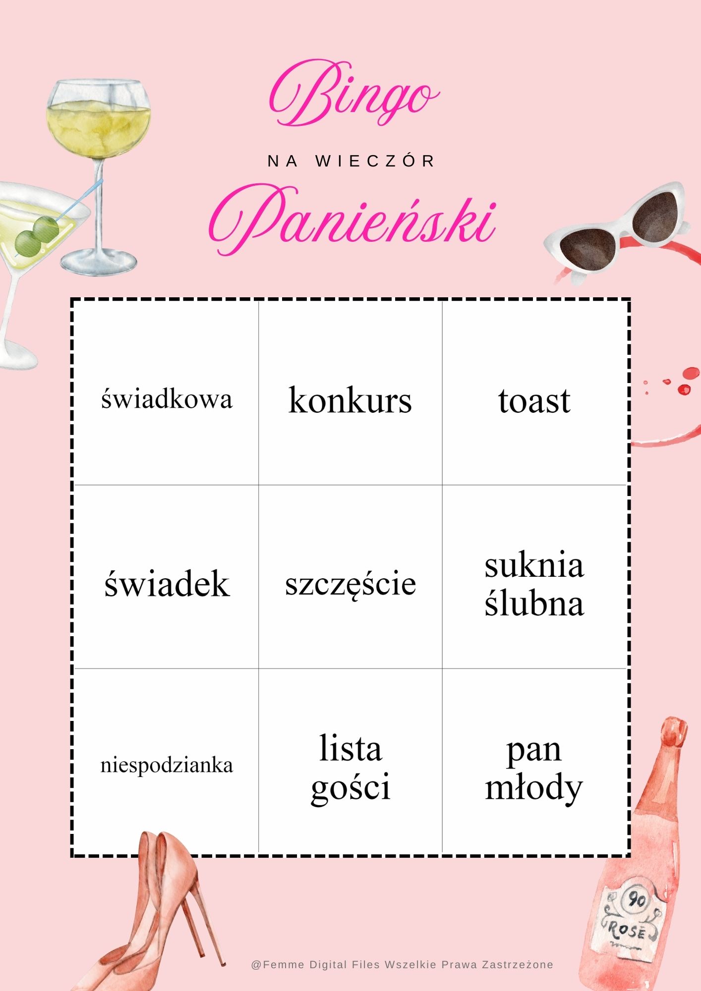 Róż bingo wieczór panieński 20 kart, gry i zabawy na wieczór panieński, gry i zabawy na wieczór panieński pdf, gry i zabawy na wieczor panienski,