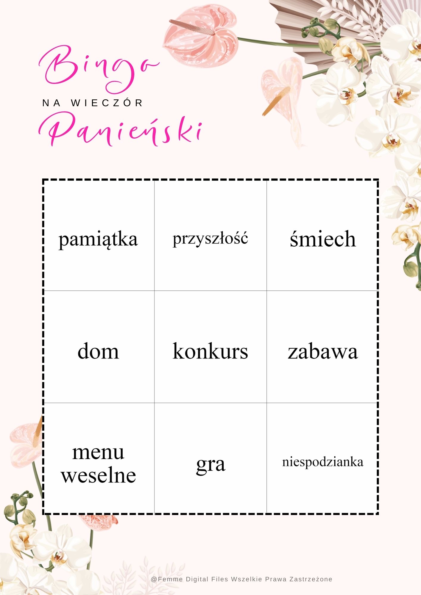Kwiaty bingo wieczór panieński 20 kart, gry na wieczór panieński do druku, gry na panieński do druku, gry na wieczor panieński,
