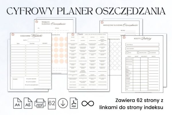Cyfrowy planer oszczędzania A4 62 strony hiperłącza linkowany, budżet planowanie, planer budżetowy do druku, planer finansów, planer budżetowy pdf, planer budżet, planer budżetowy po polsku,