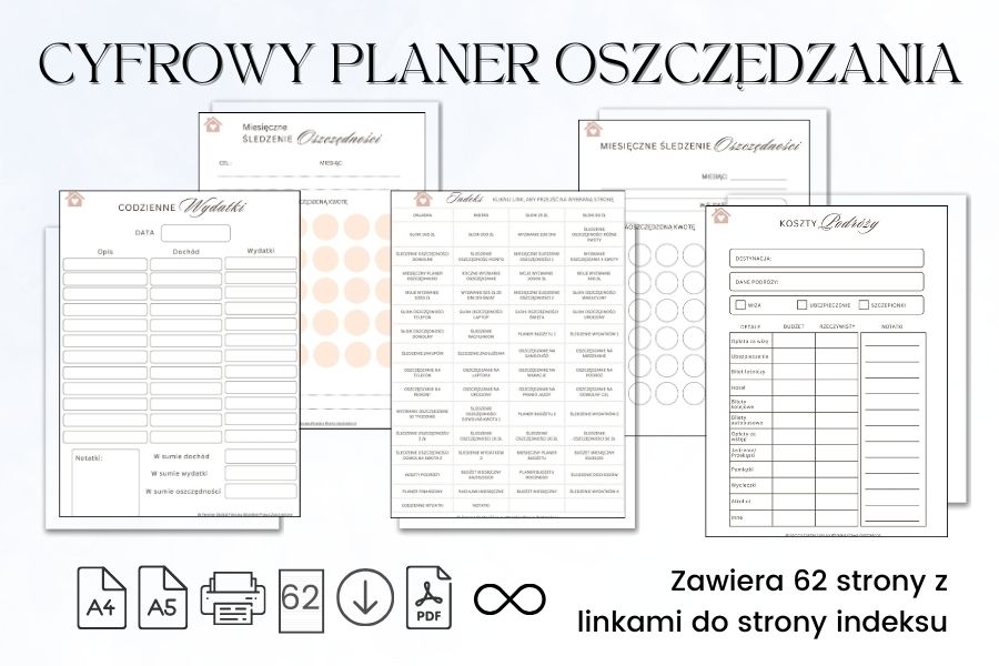 Cyfrowy planer oszczędzania A4 62 strony hiperłącza linkowany, budżet planowanie, planer budżetowy do druku, planer finansów, planer budżetowy pdf, planer budżet, planer budżetowy po polsku,