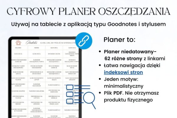 Cyfrowy planer oszczędzania A4 62 strony hiperłącza linkowany, budżet planowanie, planer budżetowy do druku, planer finansów,