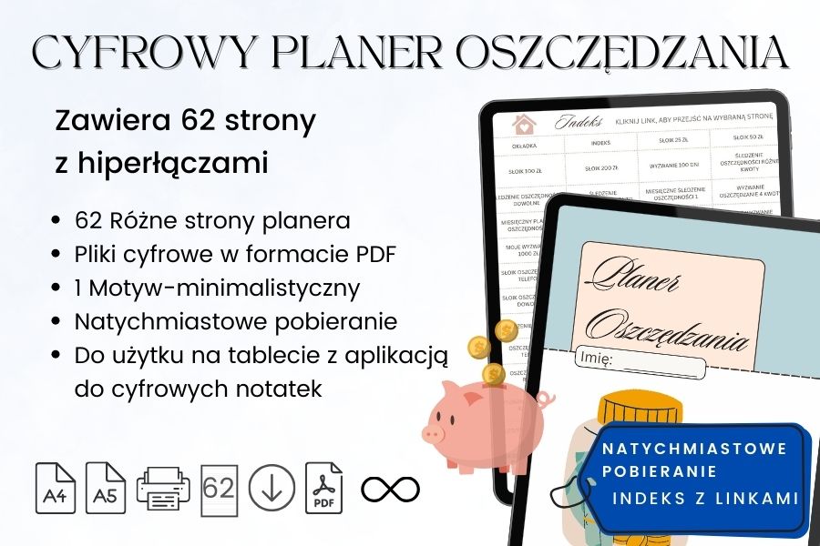 Cyfrowy planer oszczędzania A4 62 strony hiperłącza linkowany, planer budżetu domowego pdf, oszczędnik planer budżetu, planer budżetowy, budżet planer,