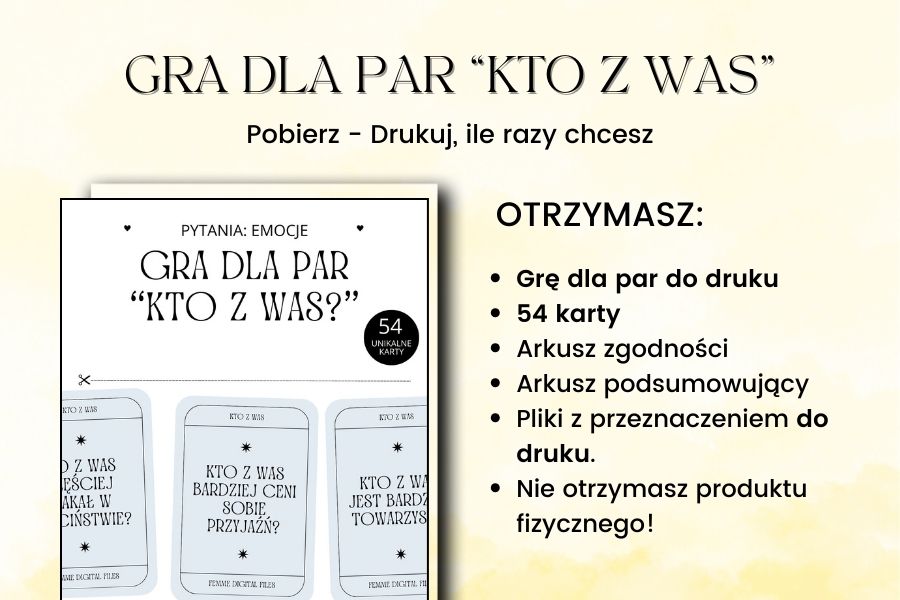 Gra dla par do druku Kto z Was Emocje A4 PDF, gry dla par do druku, gra dla par kto z was, gry diy do druku, karty do gry do druku,