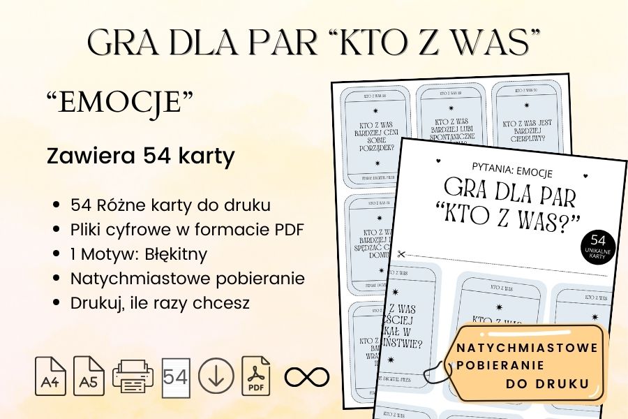 Gra dla par do druku Kto z Was Emocje A4 PDF, karty bliskości, gry do druku dla dorosłych, gry do druku dla par