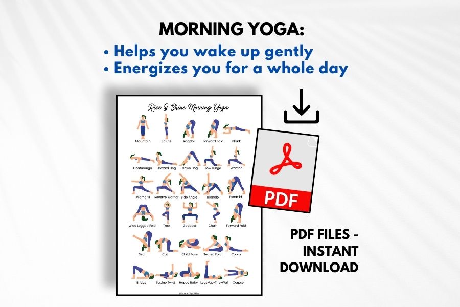 8 minute yoga stretch, 9 minute morning yoga, Morning yoga routine downlad, yoga sequence chart cards, asana poster,