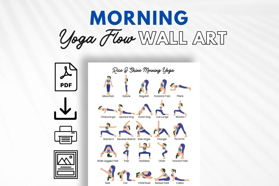 morning yoga flow routine printable, wall art yoga, digital download, good morning sequence, wake up asanas