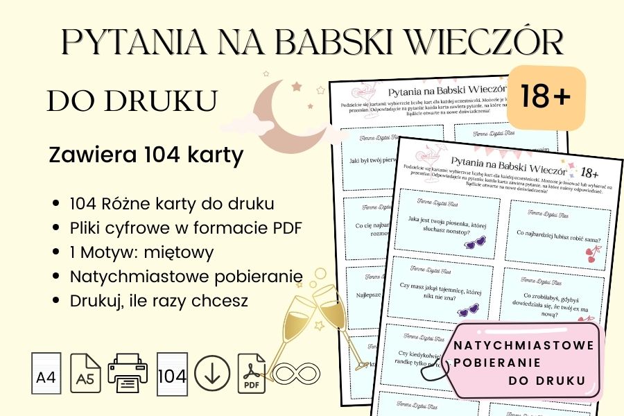 gra imprezowa Pytania na babski wieczór A4 13 stron, 104 Karty, babski wieczór gry, babski wieczór gry i zabawy, babski wieczór co robić, babski wieczór pomysły,