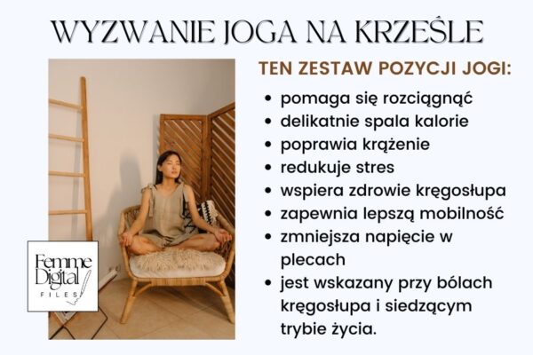Wyzwanie joga na krześle 30 dni dla początkujących PDF A4 benefity, ćwiczenia joga na krześle, joga na krześle dla seniorów książka, joga na krześle 28 dni, joga na krześle wyzwanie 28 dni, joga na krześle dla kobiet, joga na krześle 10 minut,
