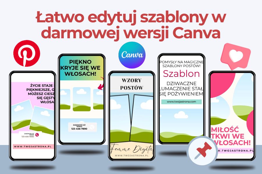 szablony grafik na Pinterest w Canvie, szablony do edycji Pinterest, social media szablony beauty, Pinterest szablony Canva,