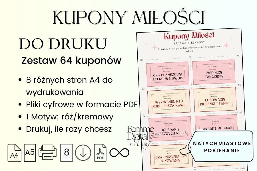 Kupony Miłości do Druku PDF – Gra dla Par w Domu Femme Digital Files, kupony miłości, prezent na walentynki kupony miłości, kupony miłości pdf,